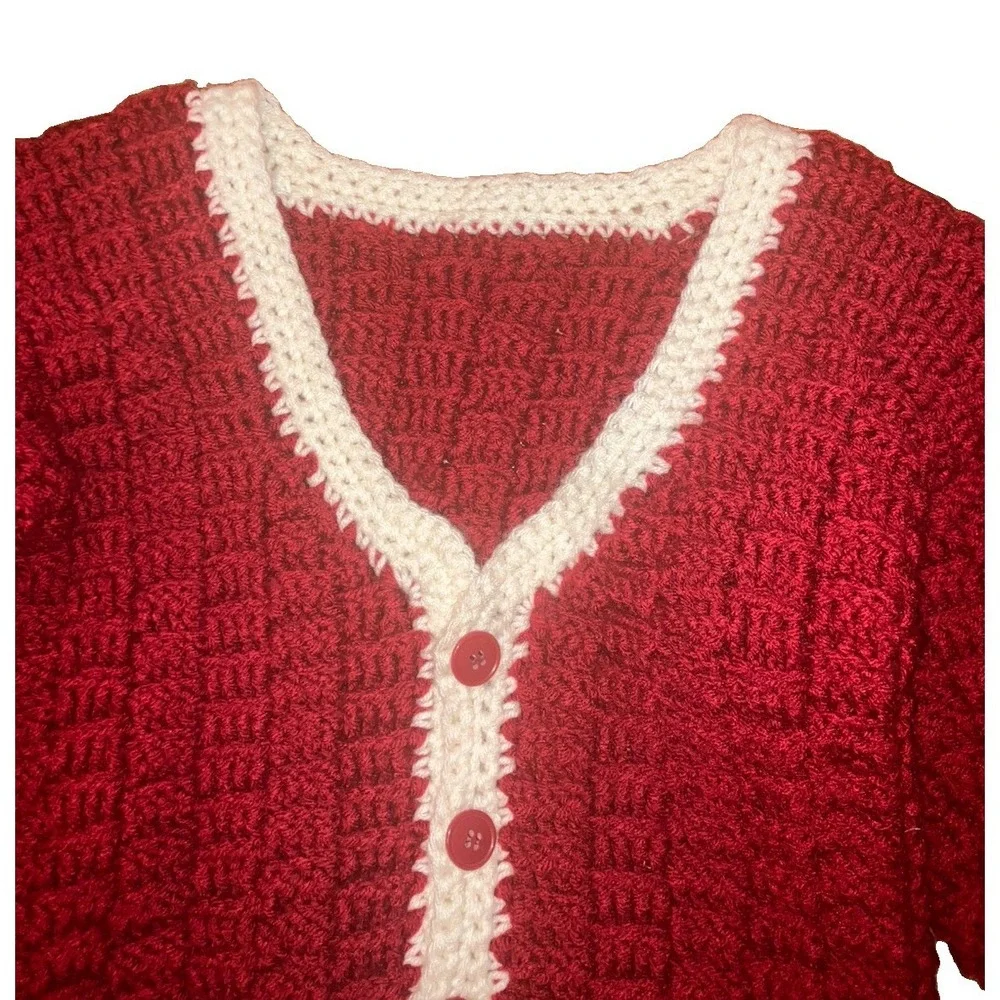 VTG Hand Knit Girls Red Sweater Cardigan Button Chunky Christmas Sz L T-9